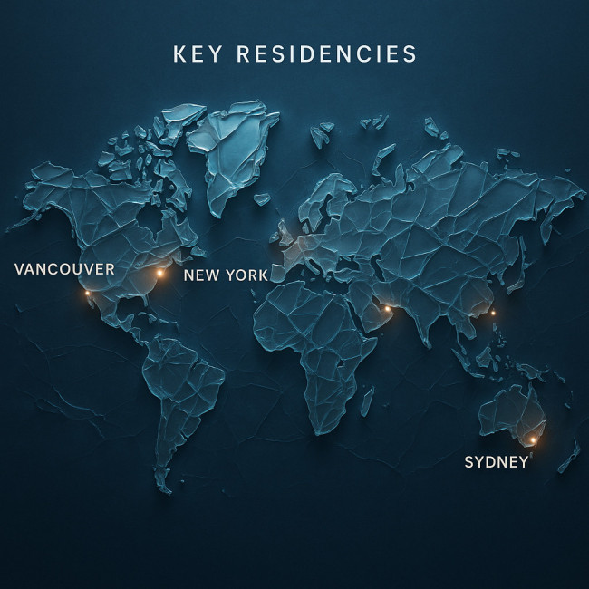 Infographic world map showing glass residencies