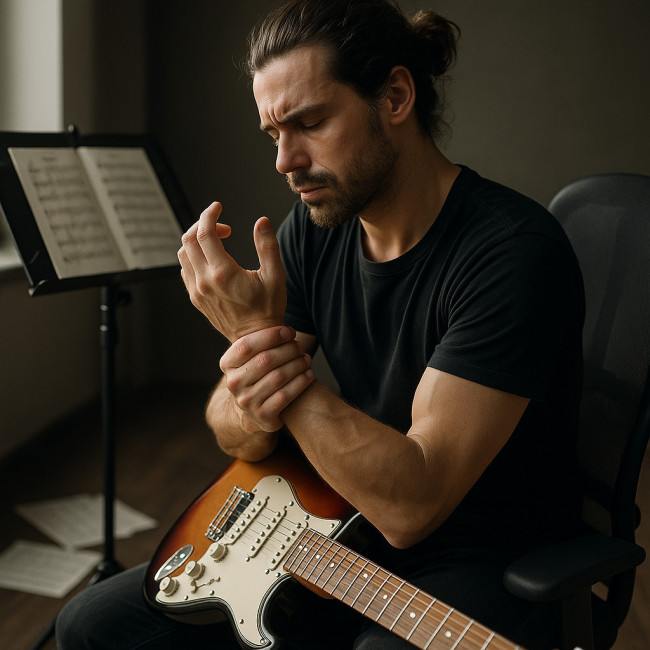 musician holding sore wrist