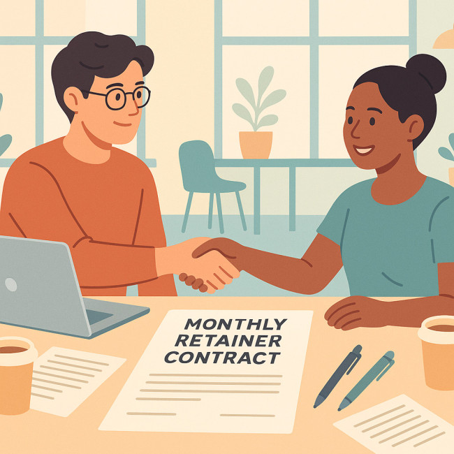 Illustration of a writer signing a retainer contract