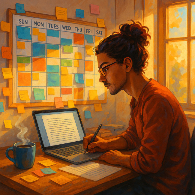Writer planning weekly novel schedule