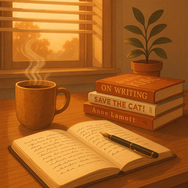Stack of writing craft books on a cozy desk