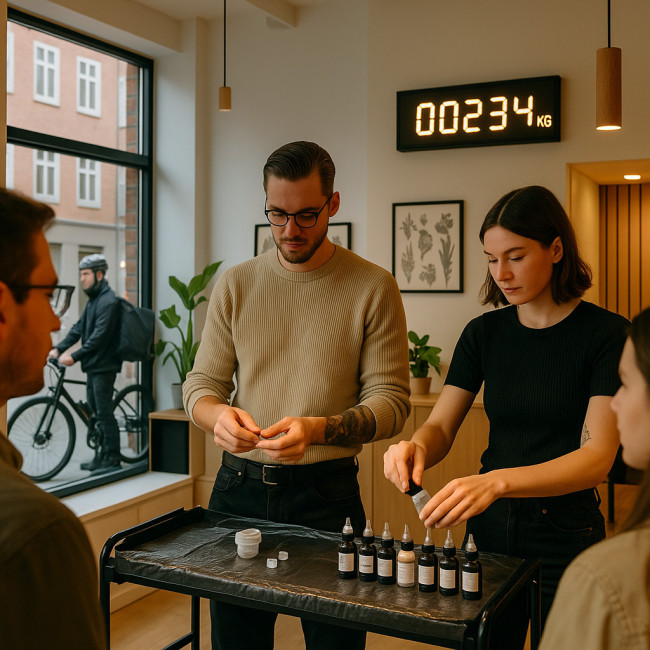 Tattoo artists using bicycle-delivered eco inks under CO2 counter